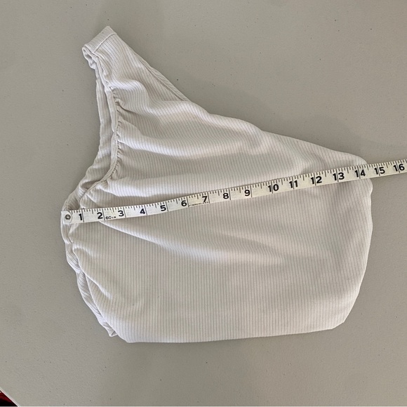 Endless Blu Off-white Cream Ribbed Textured One Shoulder Crop Top Shirt Large - Picture 5 of 7